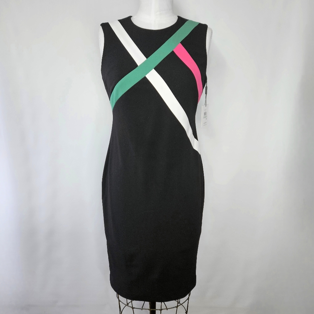 Calvin Klein Size 8 Dress Black Striped Bodycon Artsy Sleeveless Midi Stretchy
